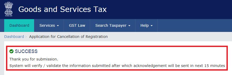 GST Registration Cancellation Submission Confirmation